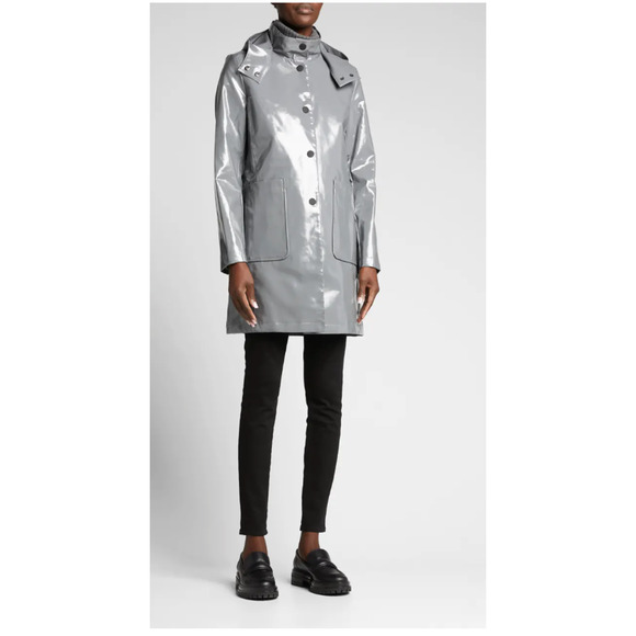 NWT Jane Post Detachable-Hood Funnel-Collar Slicker Rain Coat Gray Medium - Picture 2 of 6
